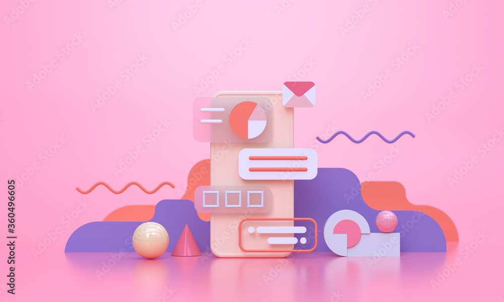Poster 3d rendering mobile app development and software development concept