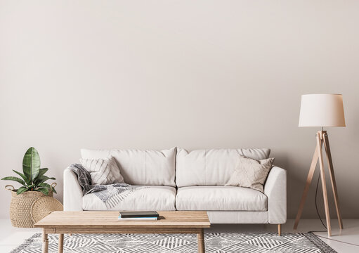 Scandinavian living room design with wooden table, floor lamp, wicker basket and white sofa on beige background. Simple interior design, 3D render