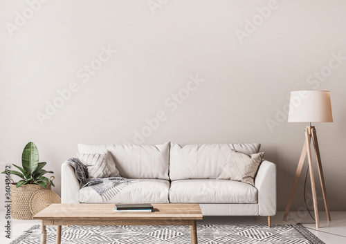 Scandinavian living room design with wooden table, floor lamp, wicker  basket and white sofa on beige background - Simple interior design, 5D  render