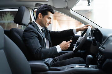 Businessman Using Smartphone In Car