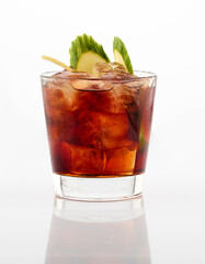 Fresh cocktail with fruits, ice and deco on white Background.