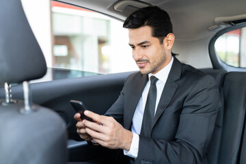 Young Businessman Using Smartphone In Taxi