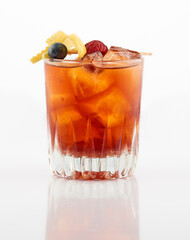 Fresh cocktail with fruits, ice and deco on white Background.
