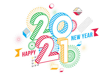 Vector Happy New Year 2021 with fireworks and text design.
