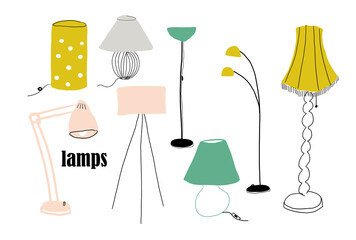 collection of lamps vector illustration. hand drawn table and floor lamps. interior design elements.	