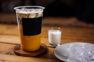 variant of cold drinks with fruit flavor. fresh cafe menu with dark background. colorful ice mockups with plastic cups. grape, chocolate, strawberry, mango, grass jelly,  blueberries, guava