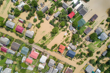 Aerial view of flooded houses with dirty water of Dnister river in Halych town, western Ukraine.