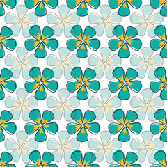 Flowers, opaque and translucent blue teal on white background seamless repeat vector pattern surface design