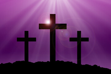 Silhouette Cross Crucifixion Of Jesus Christ on the mountain with Dark Purple and Pink background and wallpaper with Lens Flare, Easter concept.