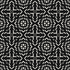 Vector geometric seamless pattern. Abstract ethnic texture with ornamental grid, mesh, lattice, flower silhouettes, crosses. Oriental motif. Black and white ornament background. Dark repeat design
