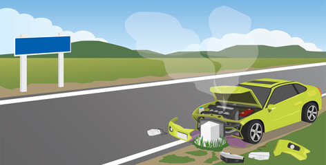 An accident in a yellow car hit a pillar on the side of a road. The front engine was severely damaged and smoke ejected.  On asphalt roads on rural areas with wide fields and mountains.