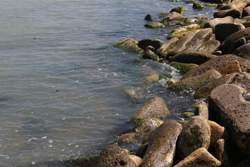 Sea pebble. Sea stones background. Ocean beach rocks.