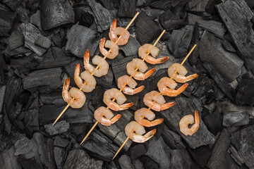 Grilled food. Charcoal skewers shrimps. Grilled food.