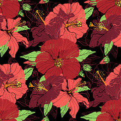 Colorful floral seamless pattern with hand drawn hibiscus flowers on black background. Stock vector illustration.