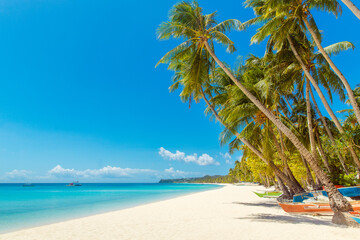 Obraz na płótnie Canvas Beautiful landscape of tropical beach on Boracay island, Philippines. Coconut palm trees, sea, sailboat and white sand. Nature view. Summer vacation concept.