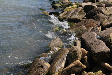 Fototapeta premium Sea pebble. Sea stones background. Ocean beach rocks.