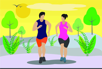Obraz na płótnie Canvas Happy male and woman exercising jogging. Running vector illustration in flat style, concept illustration for healthy lifestyle, sport, exercising. India stock illustration