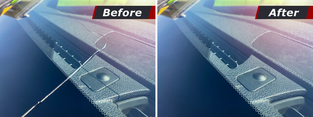 Car windshield repair. Effect Before and after repair of a cracked glass. The effects of stone from...