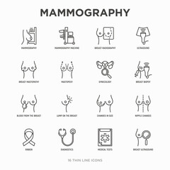 Fototapeta premium Mammography thin line icons set: ultrasound, breast radiography, nipple changes, lump on the breast, biopsy; mastopexy, mastopathy. Symptoms of breast cancer. Vector illustration.
