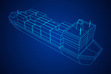 Heavy dry cargo ship of bulk carrier with freight containers. Wireframe low poly mesh vector illustration.