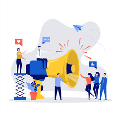 Business advertising promotion concept. Loudspeaker talking to the crowd with big megaphone. Advertisement marketing with people character. Modern vector illustration in flat style for landing page