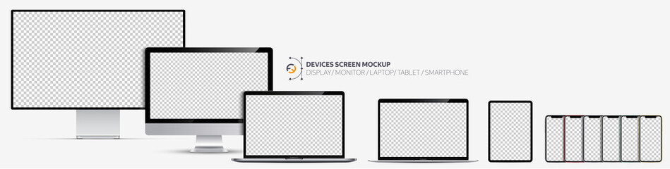 Device screens mockup. Display, Monitor, Laptop pro and thin, tablet and smartphone all colors with blank screens for you design. Realistic vector illustration EPS10 - obrazy, fototapety, plakaty