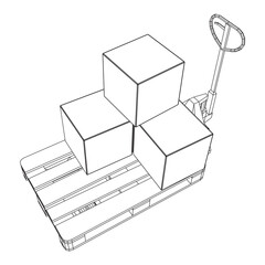 Hand pallet jack lift with pallet and stacked goods cardboard boxes. Manual forklift. Logistics shipping concept. Wireframe low poly mesh vector illustration.