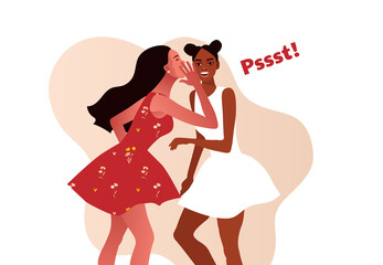 Two stylish model girls gossiping vector illustration. One excited blond girl whispers private secret or rumours to her friend. Afro American girl. Pastel pale colorus.