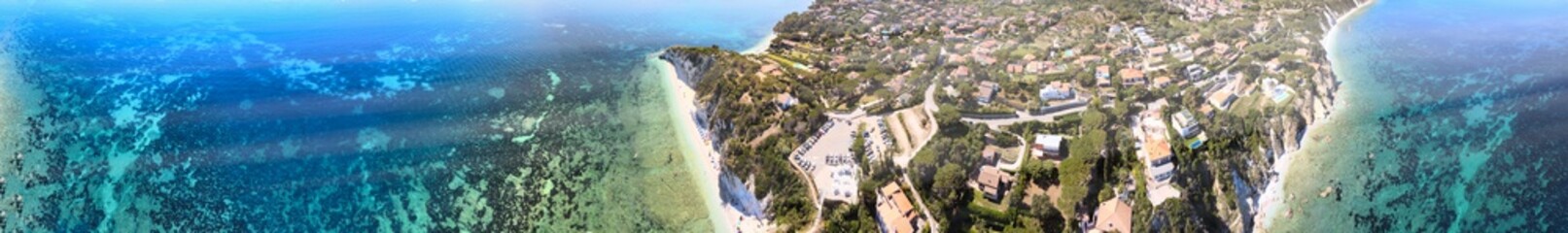 Elba Island, Italy. Amazing downward aerial view from drone of Capo Bianco and Padulella Beach near...