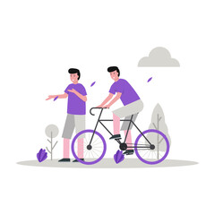 Flat vector illustration of someone biking in the park in the morning with his friend