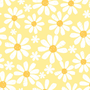 Seamless with daisy flower on yellow background vector. Cute hand drawn  floral pattern. Stock Vector | Adobe Stock