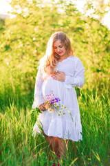 Fototapeta na wymiar Beautiful young pregnant woman relaxing in nature on a beautiful sunny day.