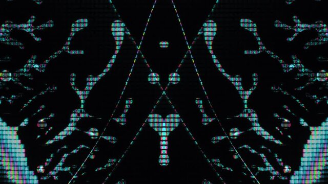 Iridescent abstract background. Digital glitch. Blue liquid crystal drops motion on black.