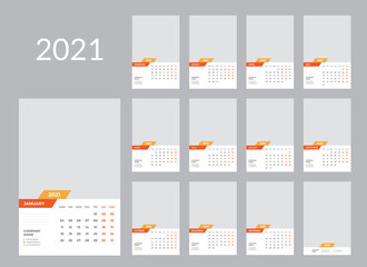 Calendar for 2021 year. Wall calendar planner template. Week starts on Monday.Set of 12 months. Vector illustration