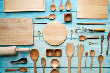 kitchen utensils for cooking on the wooden table, food prepare concept