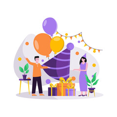 Flat vector illustration of festive birthday celebrations, using hats carrying balloons and gifts