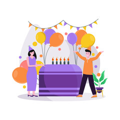 Flat vector illustration of festive birthday celebrations, using hats carrying balloons and gifts