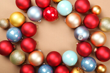 Decorative Christmas balls top view. Place to insert text.
