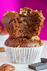 Two healthy muffins on top of each other  with a bite in the center a homemade freshly baked and gluten free with pecans and cocoa powder and chocolate cubes on white table with purple background