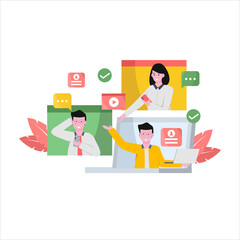 Flat vector illustration of online meet ups together using tablet smartphones and laptops