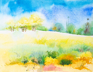 Obraz na płótnie Canvas Beautiful watercolour of trees made on handmade paper, painted by brush and paints.