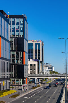 Postepu 14 and Marynarska Tower office building at Marynarska street in Sluzew Przemyslowy - Industrial Sluzew - business quarter in Mokotow district of Warsaw, Poland