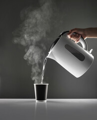 Electric white kettle pouring water in cup on table on grey background