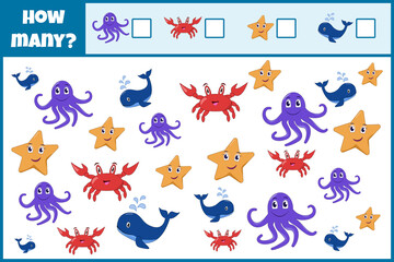 Educational mathematical game. Count the number of sea ​​creatures. Count how many sea animals. Counting game for children.