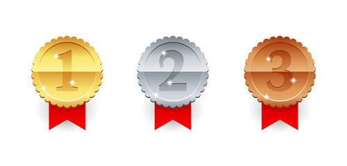 Gold, Silver and Bronze medal icon - 1st, 2nd and 3rd place awards set - three winning places isolatred vector medallions