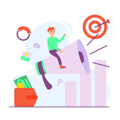 people sitting on megaphone - vector digital marketing in flat style - illustration for landing page