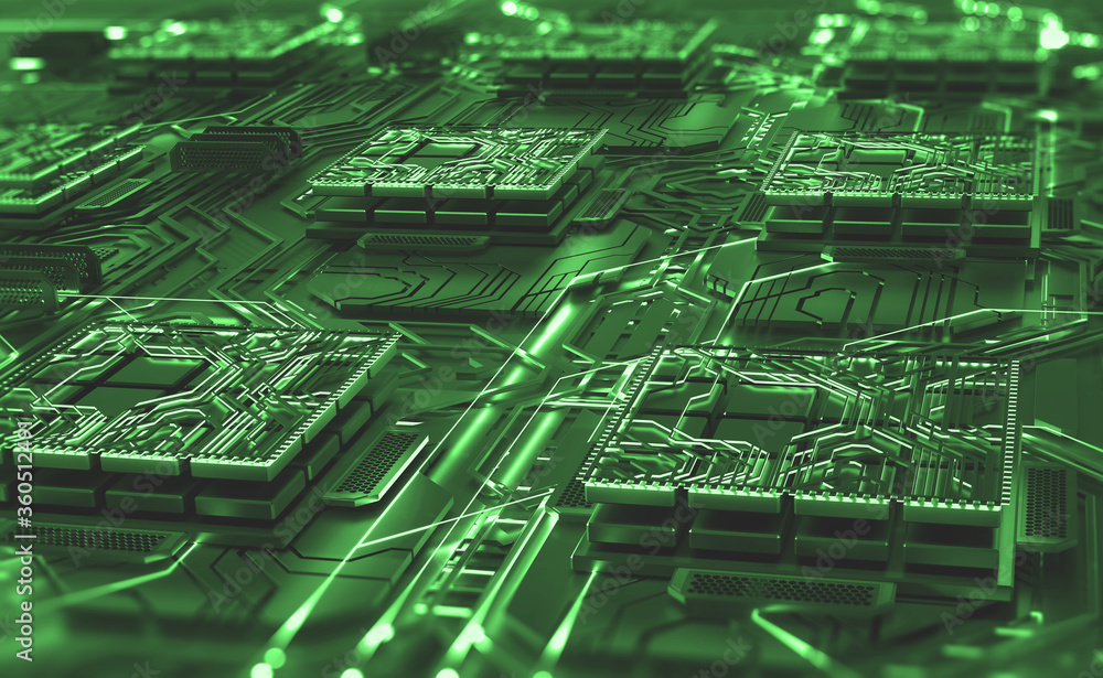 Leinwandbilder Futuristic data center. Abstract concept of nano processor and high-tech digital element. 3D illustration of a computer circuit and CPU