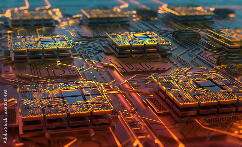 Poster Futuristic data center. Abstract concept of nano processor and high-tech digital element. 3D illustration of a computer circuit and CPU