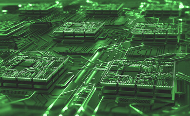 Futuristic data center. Abstract concept of nano processor and high-tech digital element. 3D illustration of a computer circuit and CPU