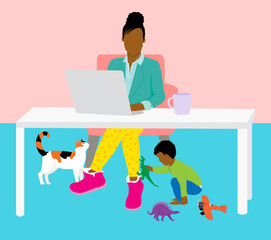 Work from Home Mom Concept - black woman working from home office mother professional for video call with distracting home life below - quarantine 2020